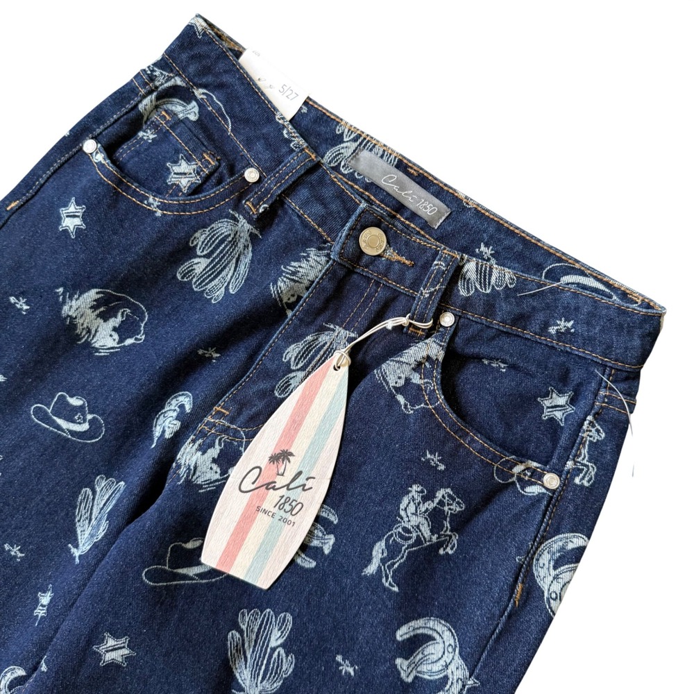 NWT Cali 1850 Western Graphic Print High Rise Straight Leg Jeans Blue Size 5/27 - Picture 5 of 10
